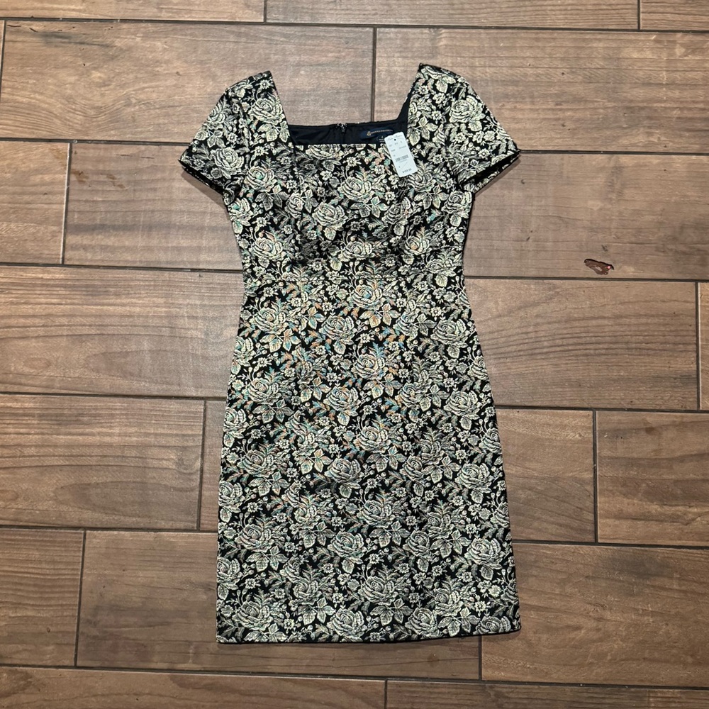 Brooks Brothers Black and Gold Metallic Mini Dress with Square Neckline NWT